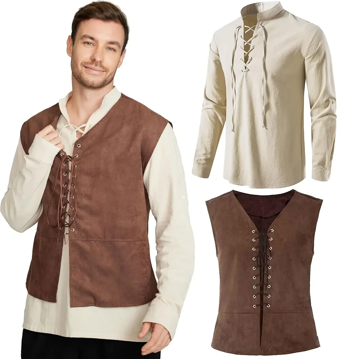 Set da 2 pezzi: Gilet da pirat - Medieval Gothic Lace Up Pirate Shirt recensione e prezzo